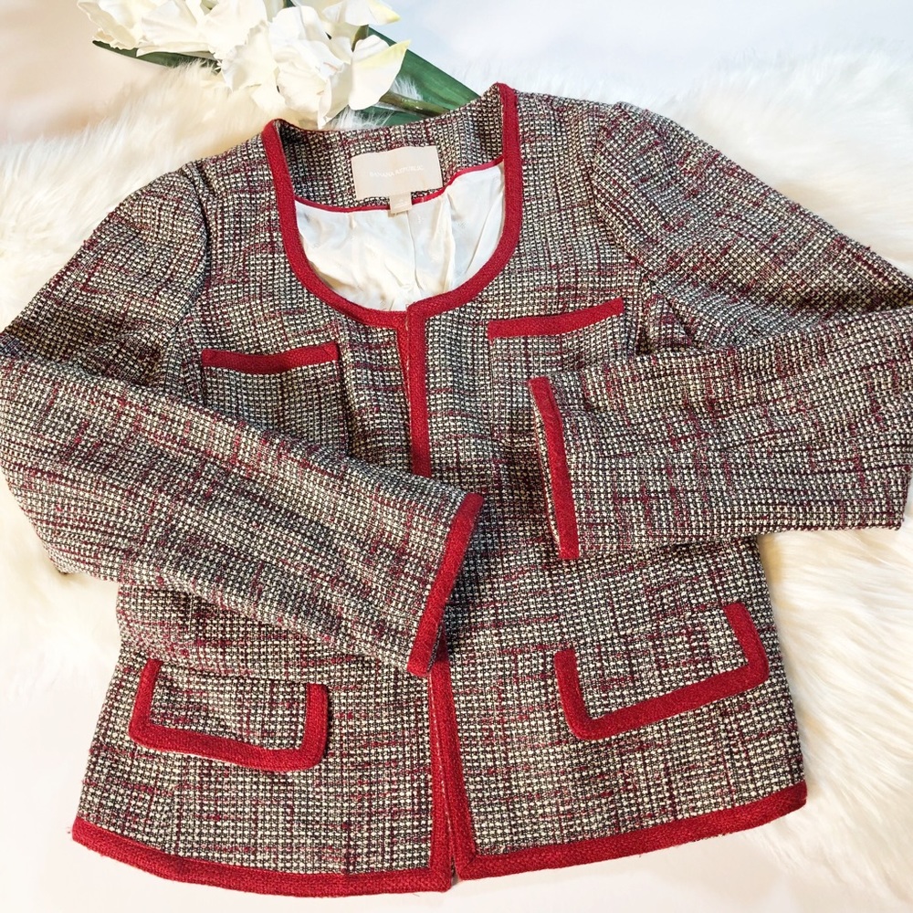 Banana Republic Red Piped Tweed Jacket Deep Garnet - Picture 7 of 8